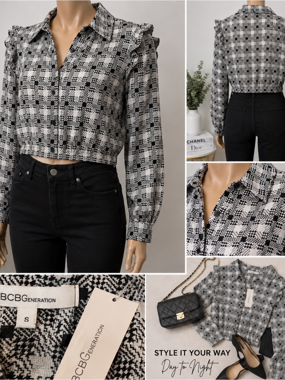 BCBGeneration Black & White Plaid Ruffle Shoulder Cropped Button-Down NWT Sz SM